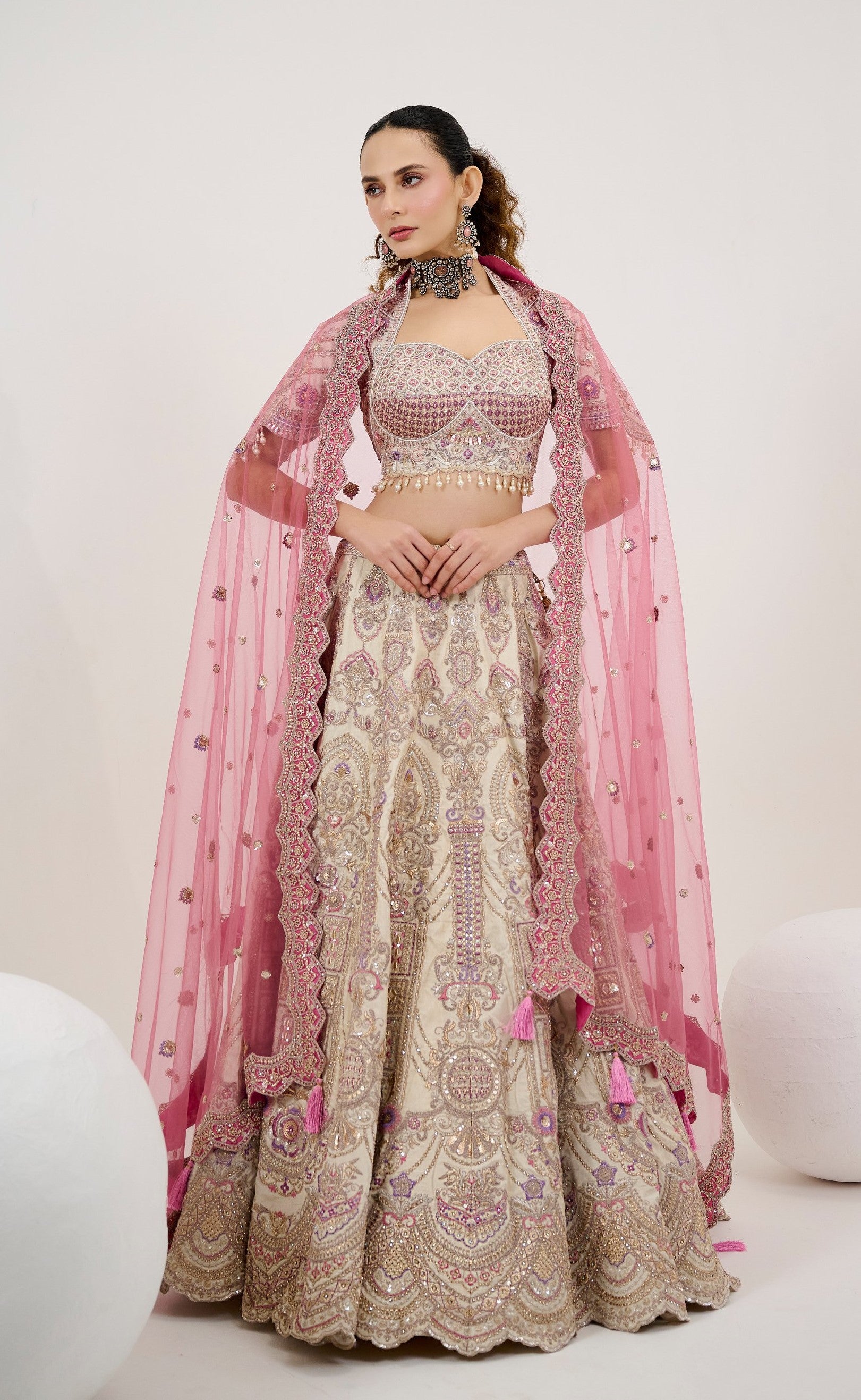 Cream Sequins Embroidered Silk Bridal Lehenga Choli 