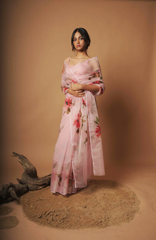 Crimson Bloom | Blush Pink Floral Handpainted Organza Saree