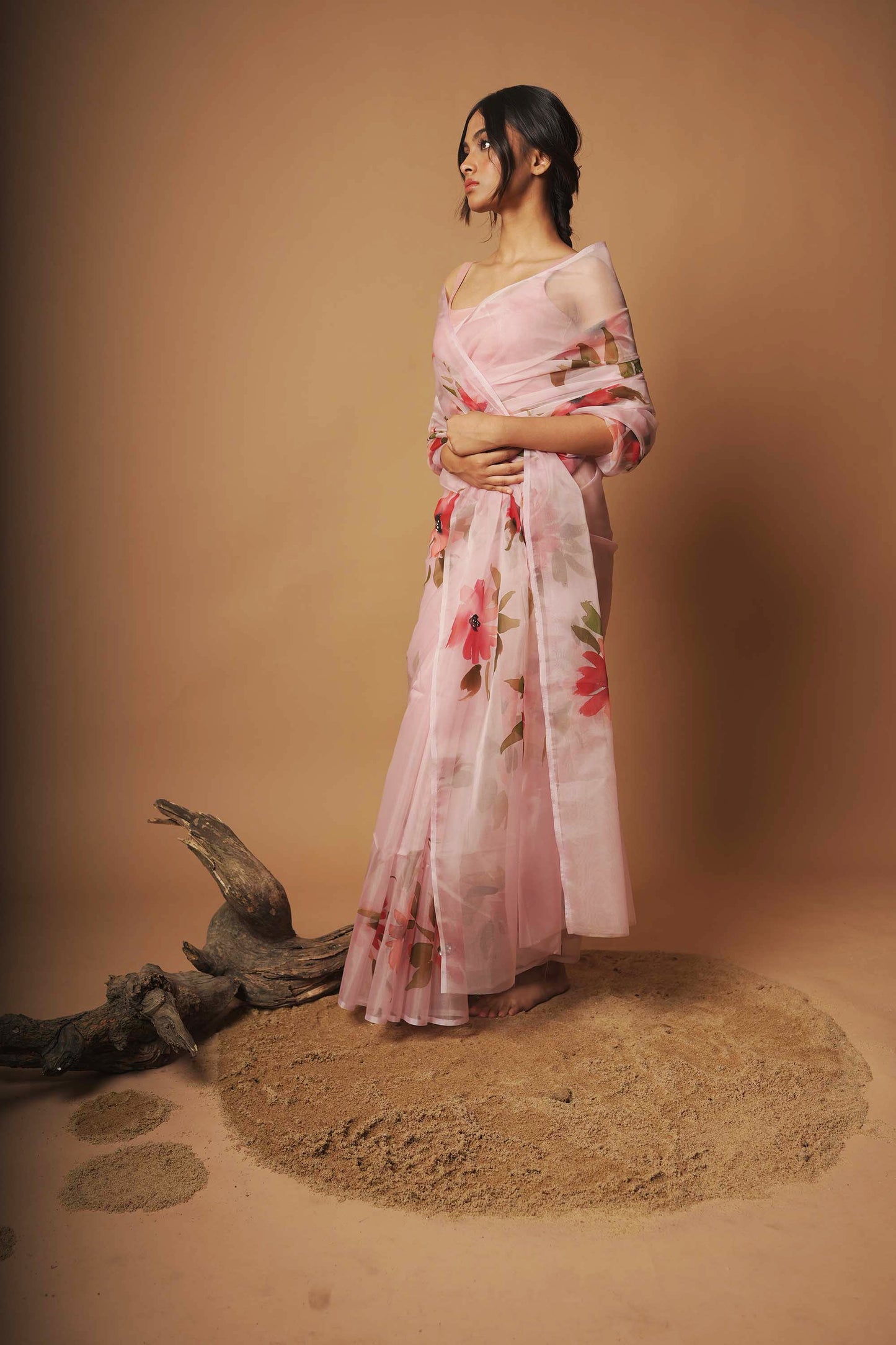 Crimson Bloom | Blush Pink Floral Handpainted Organza Saree