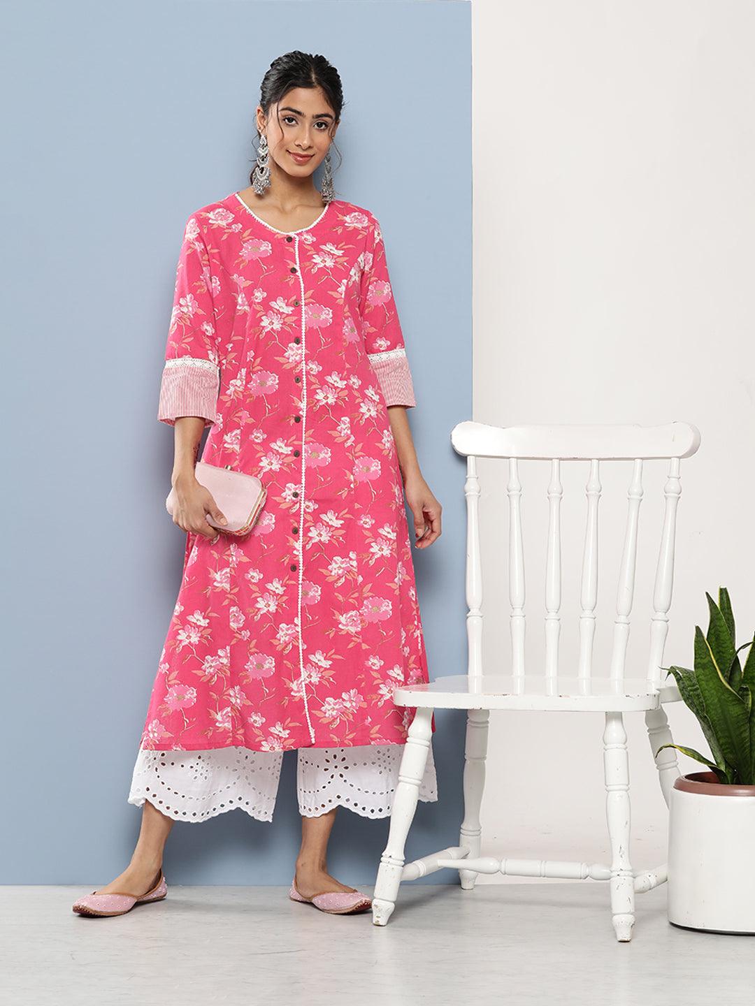 Divena Pink Floral cotton flex A-Line Kurta - divena world-Mohi