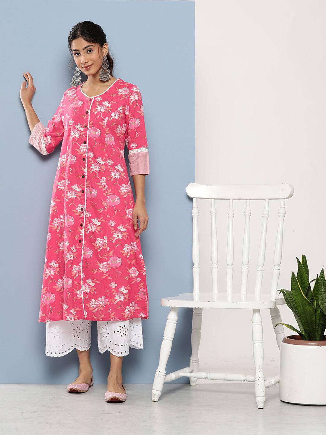 Divena Pink Floral cotton flex A-Line Kurta - divena world-Mohi