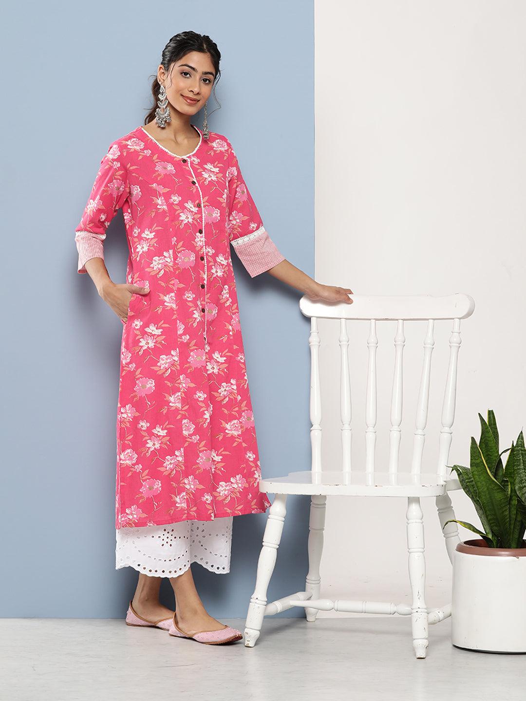 Divena Pink Floral cotton flex A-Line Kurta - divena world-Mohi