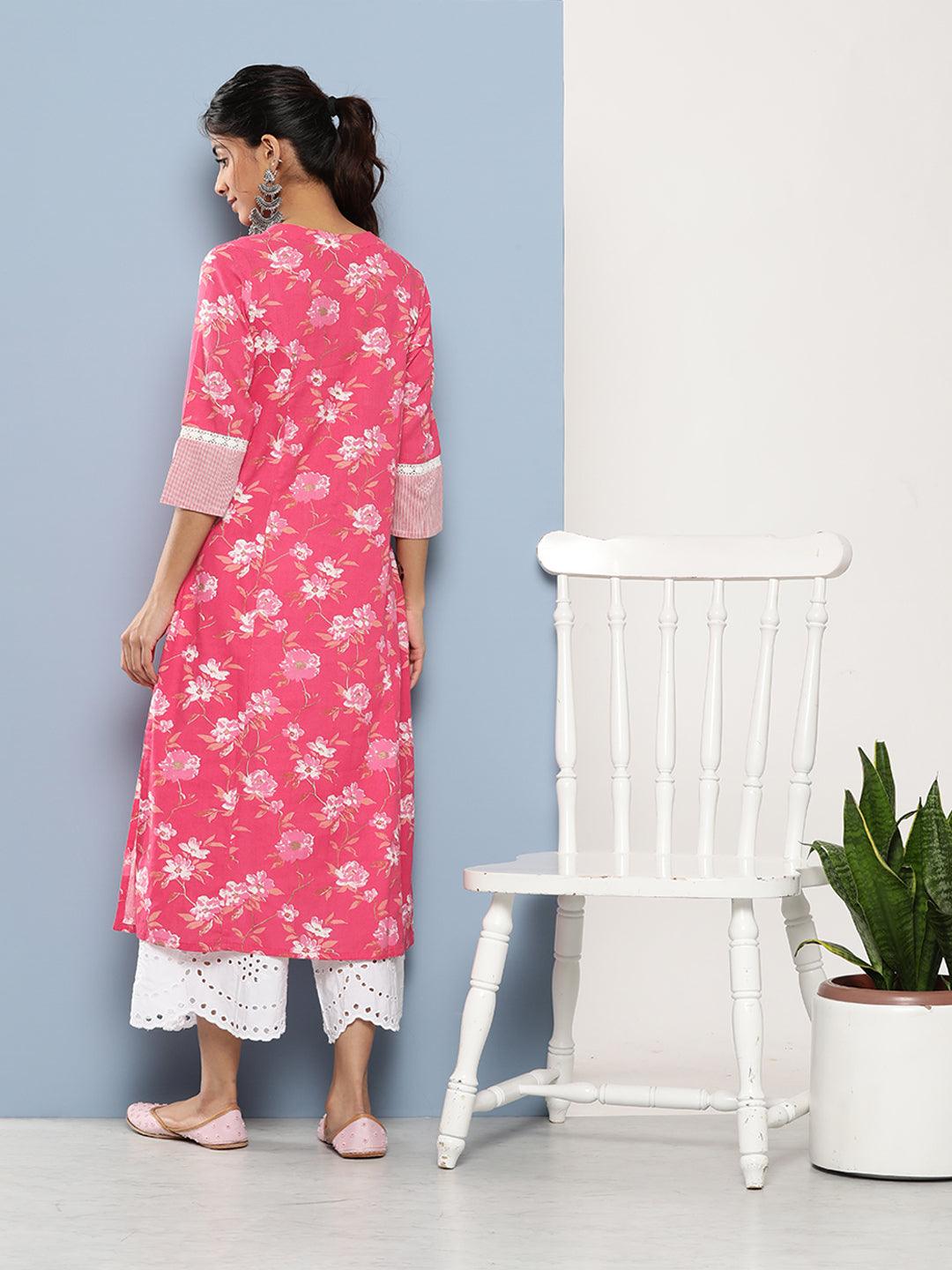 Divena Pink Floral cotton flex A-Line Kurta - divena world-Mohi