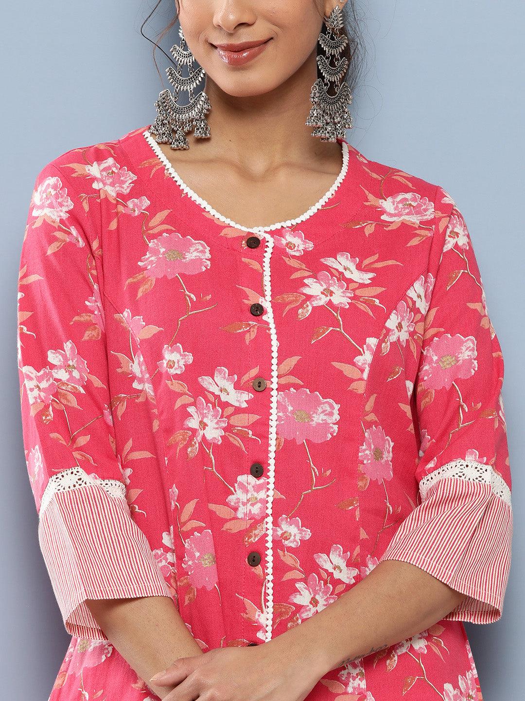 Divena Pink Floral cotton flex A-Line Kurta - divena world-Mohi