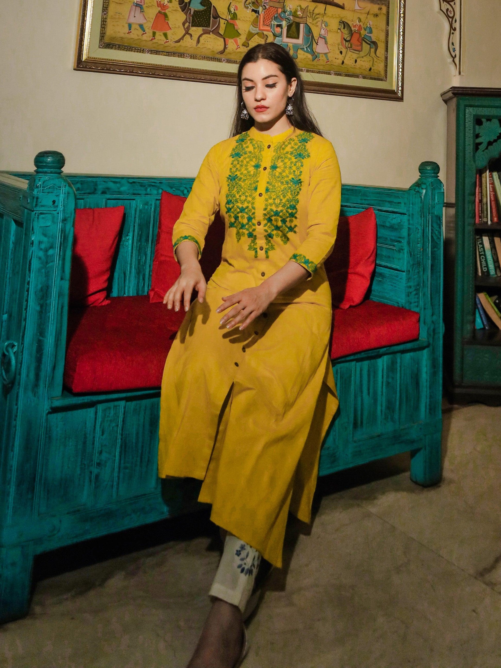 Divena Women's Yellow Regular A-Line Calf Long Kurta - divenaworld.com