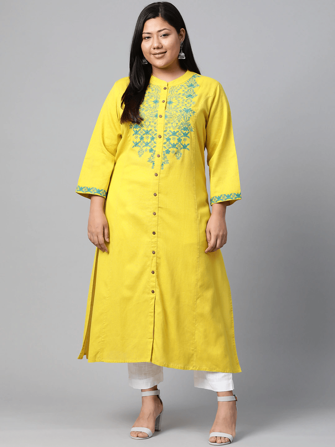 Plus Size Women's Yellow Regular A-Line Calf Long Kurta - divena world-Mohi