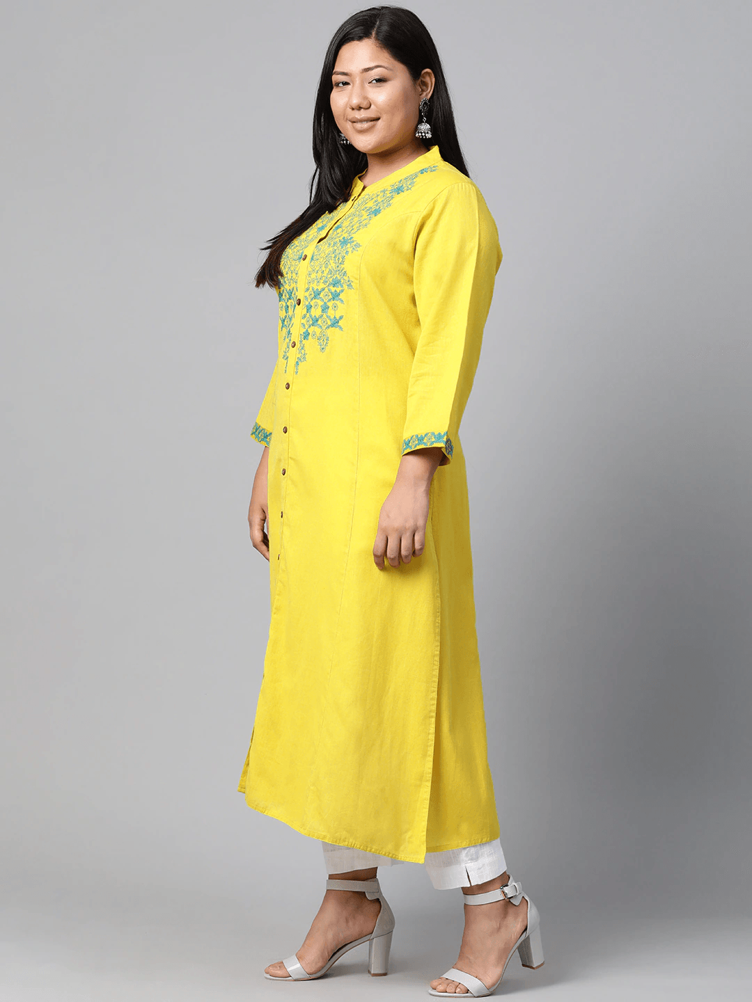 Plus Size Women's Yellow Regular A-Line Calf Long Kurta - divena world-Mohi