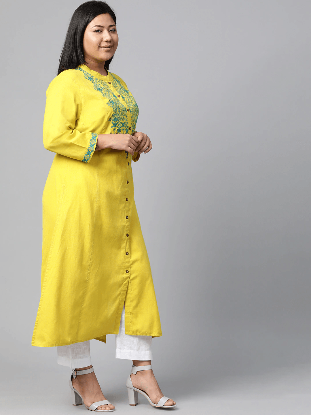 Plus Size Women's Yellow Regular A-Line Calf Long Kurta - divena world-Mohi