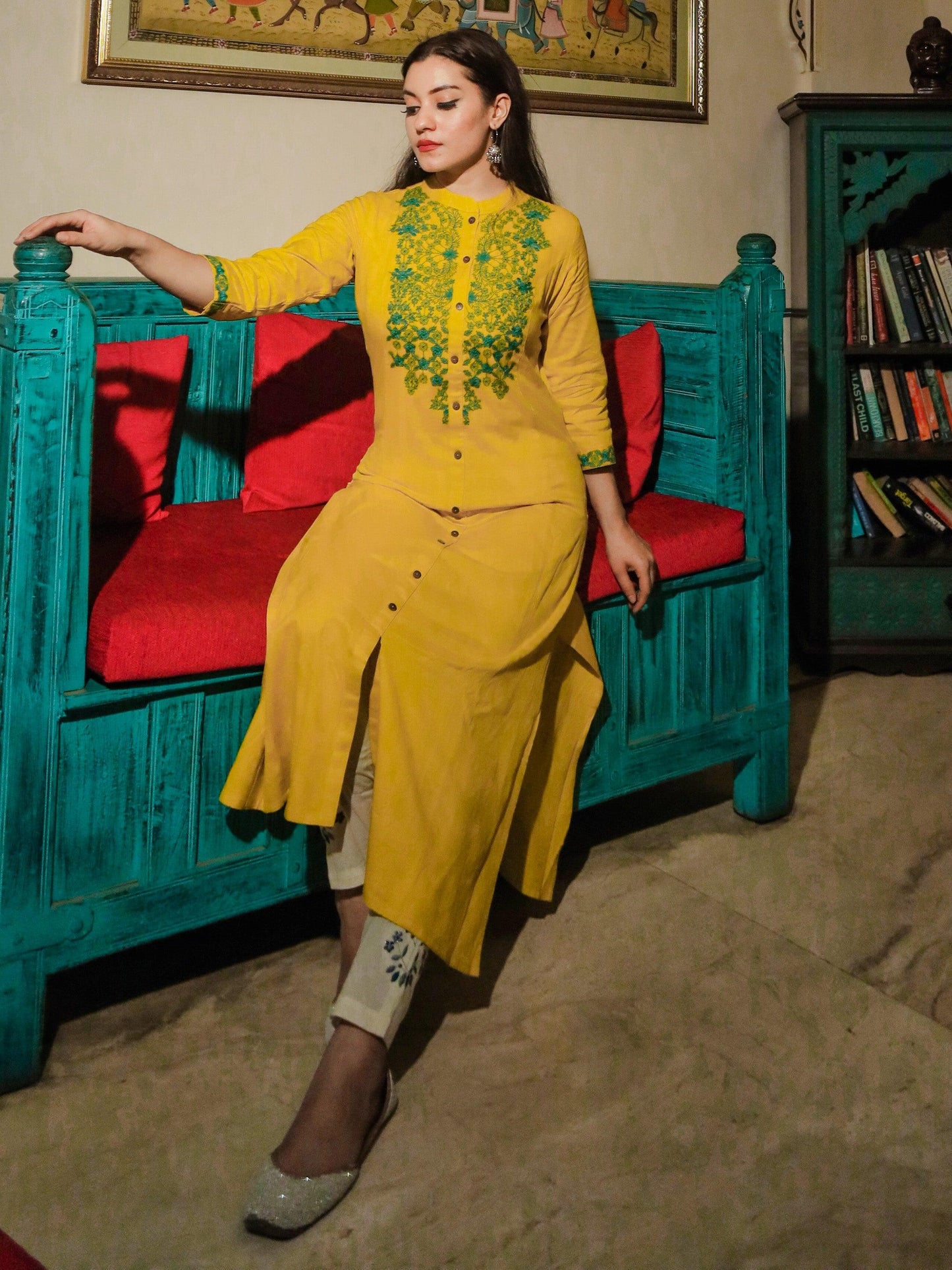 Divena Women's Yellow Regular A-Line Calf Long Kurta - divenaworld.com