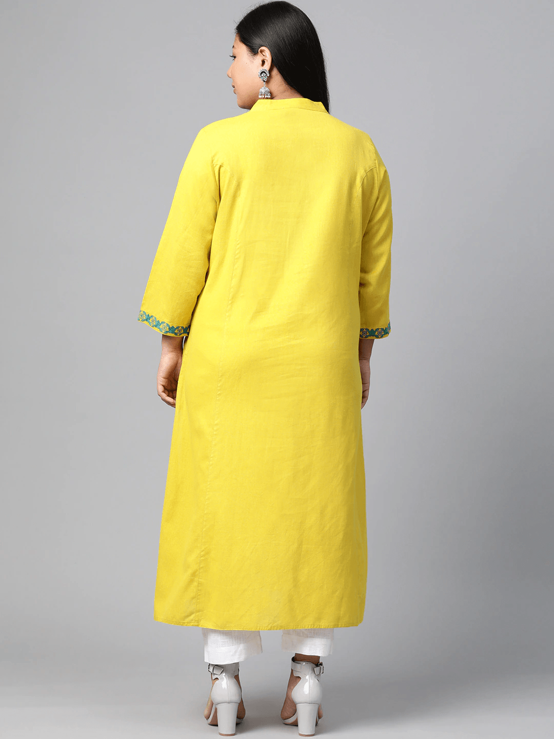 Plus Size Women's Yellow Regular A-Line Calf Long Kurta - divena world-Mohi