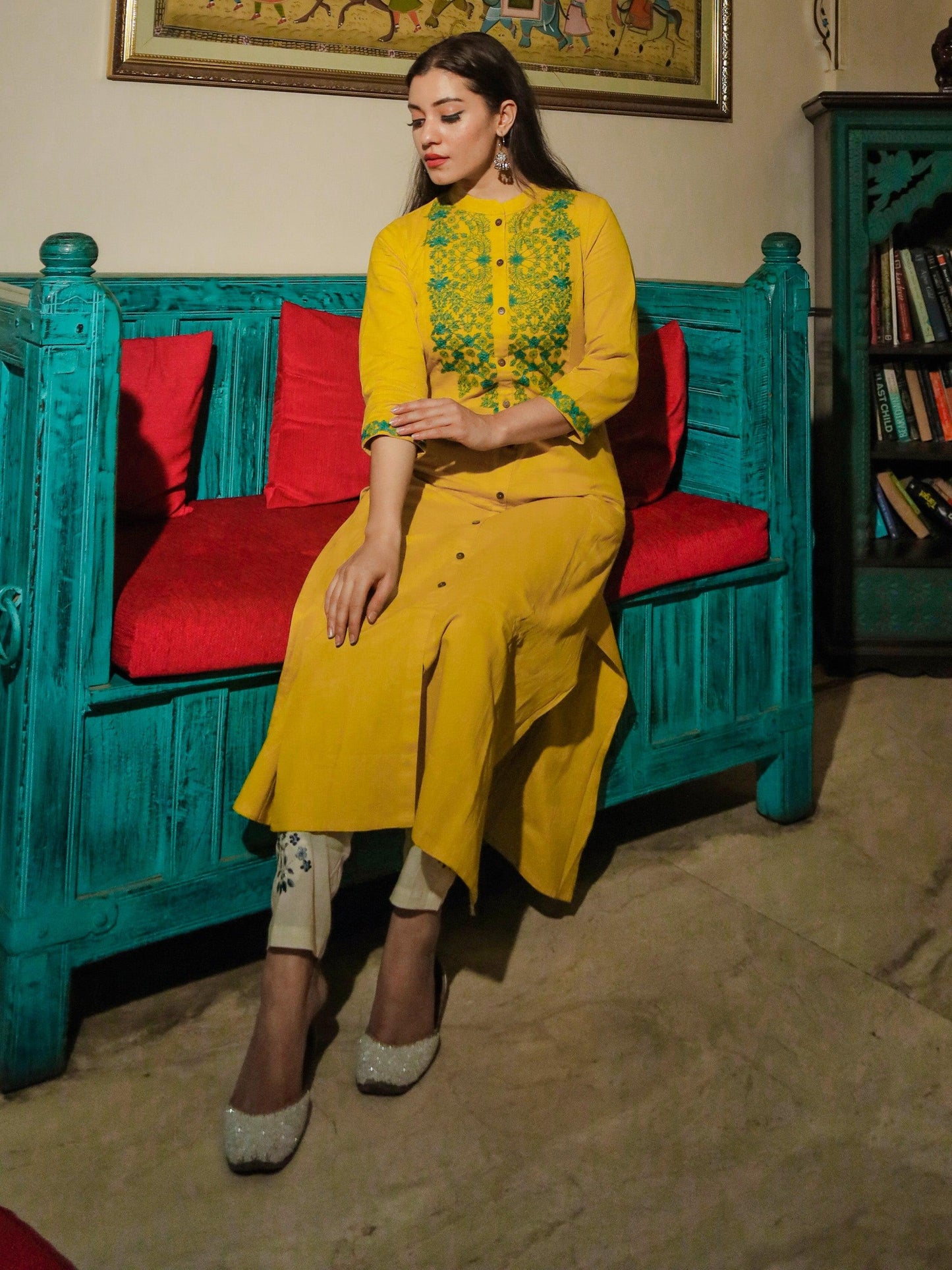 Divena Women's Yellow Regular A-Line Calf Long Kurta - divenaworld.com