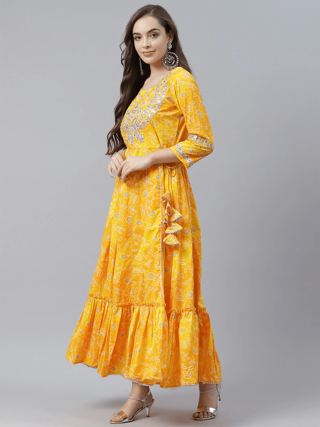 Divena Yellow Cotton Flared Gota Work Bandhani Kurta - divena world-Mohi