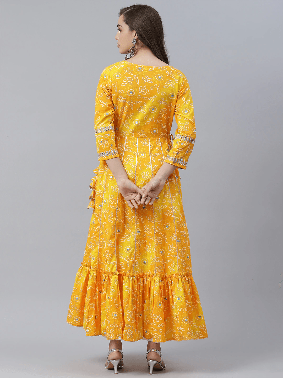 Divena Yellow Cotton Flared Gota Work Bandhani Kurta - divena world-Mohi