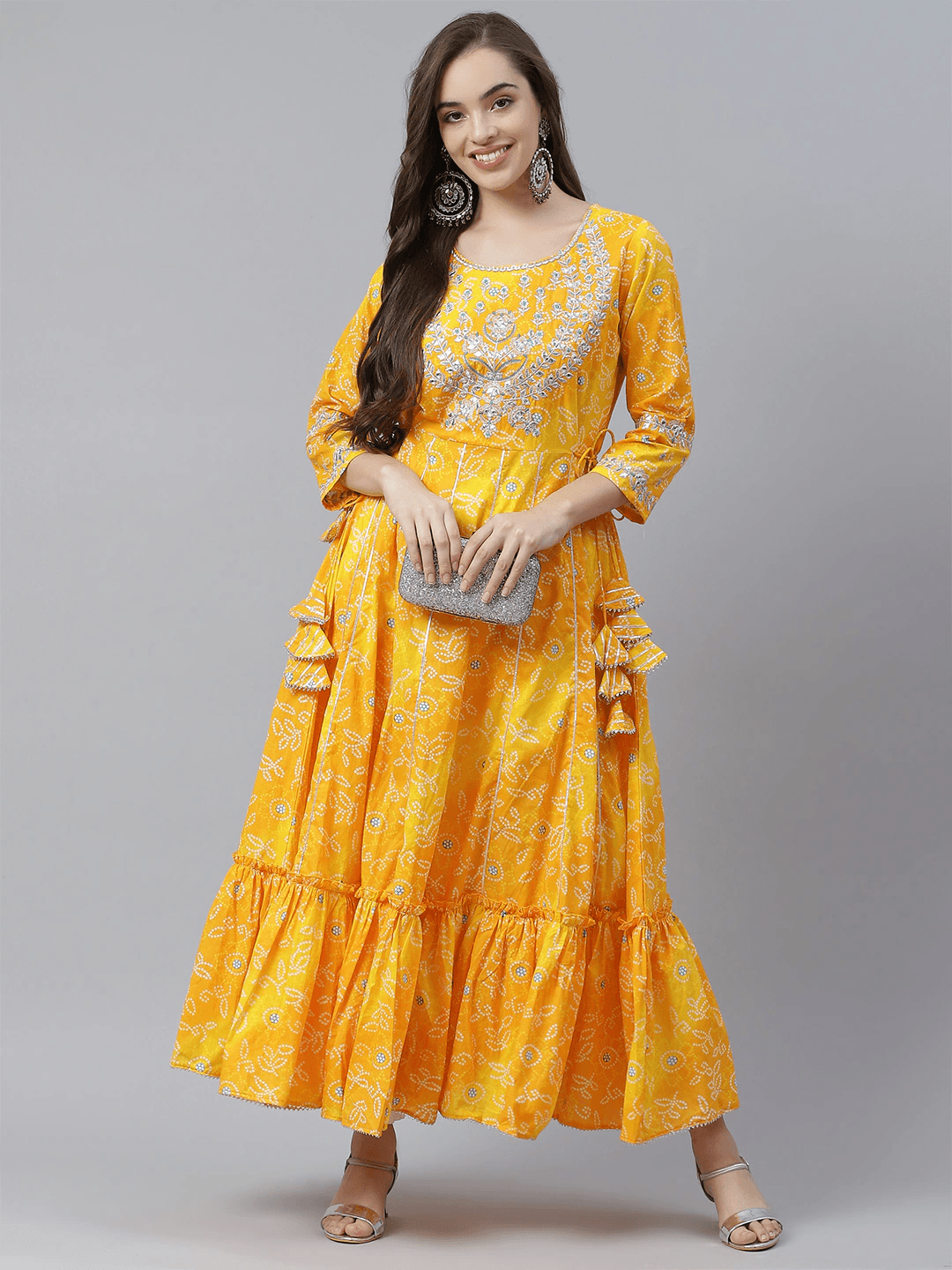 Divena Yellow Cotton Flared Gota Work Bandhani Kurta - divena world-Mohi