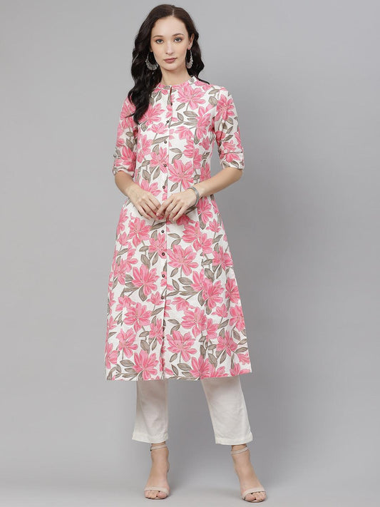 Divena White Floral Print Cotton Kurta - divena world-Mohi