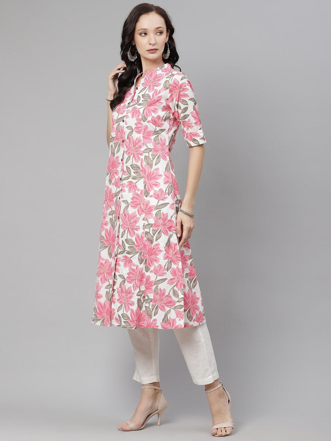 Divena White Floral Print Cotton Kurta - divena world-Mohi