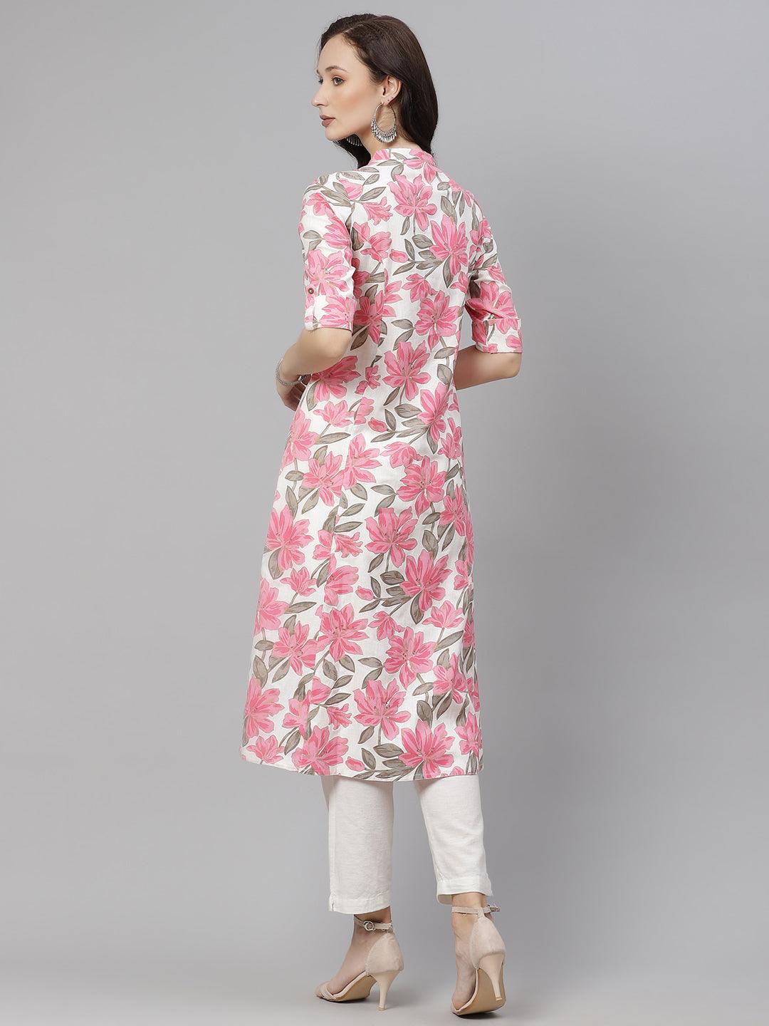 Divena White Floral Print Cotton Kurta - divena world-Mohi