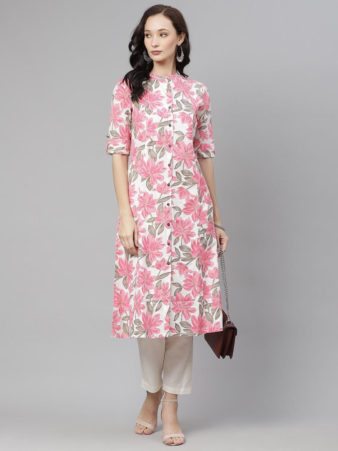 Divena White Floral Print Cotton Kurta - divena world-Mohi