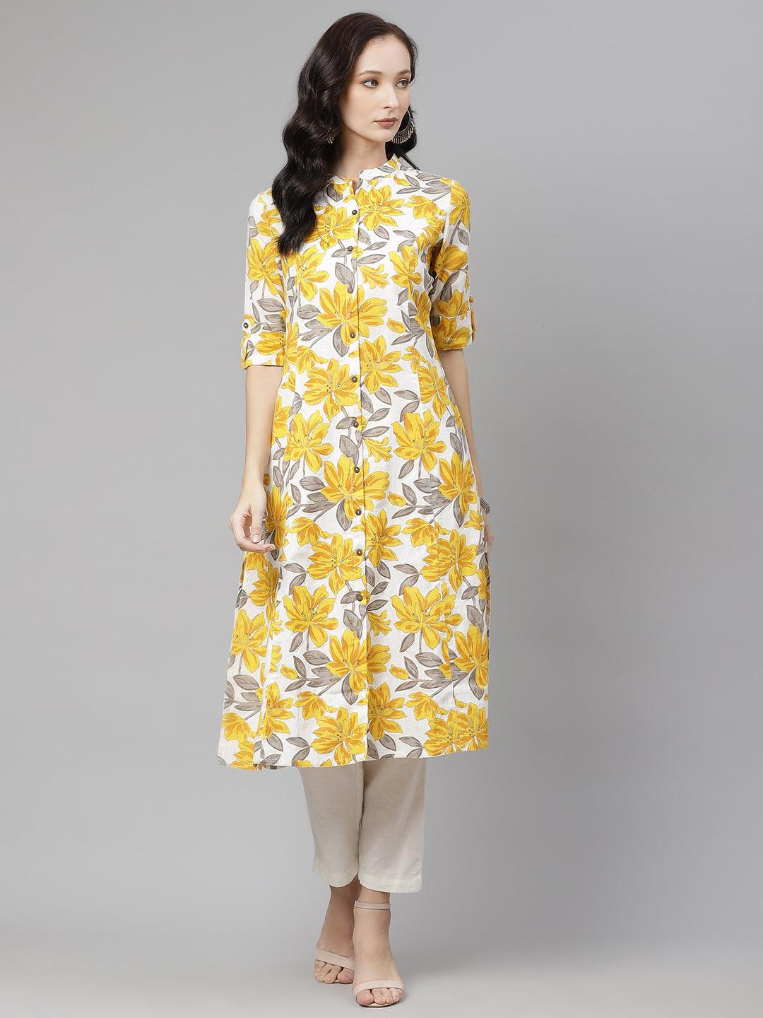 Divena Yellow Floral Print Pure Cotton A-line Kurta - divena world-Mohi