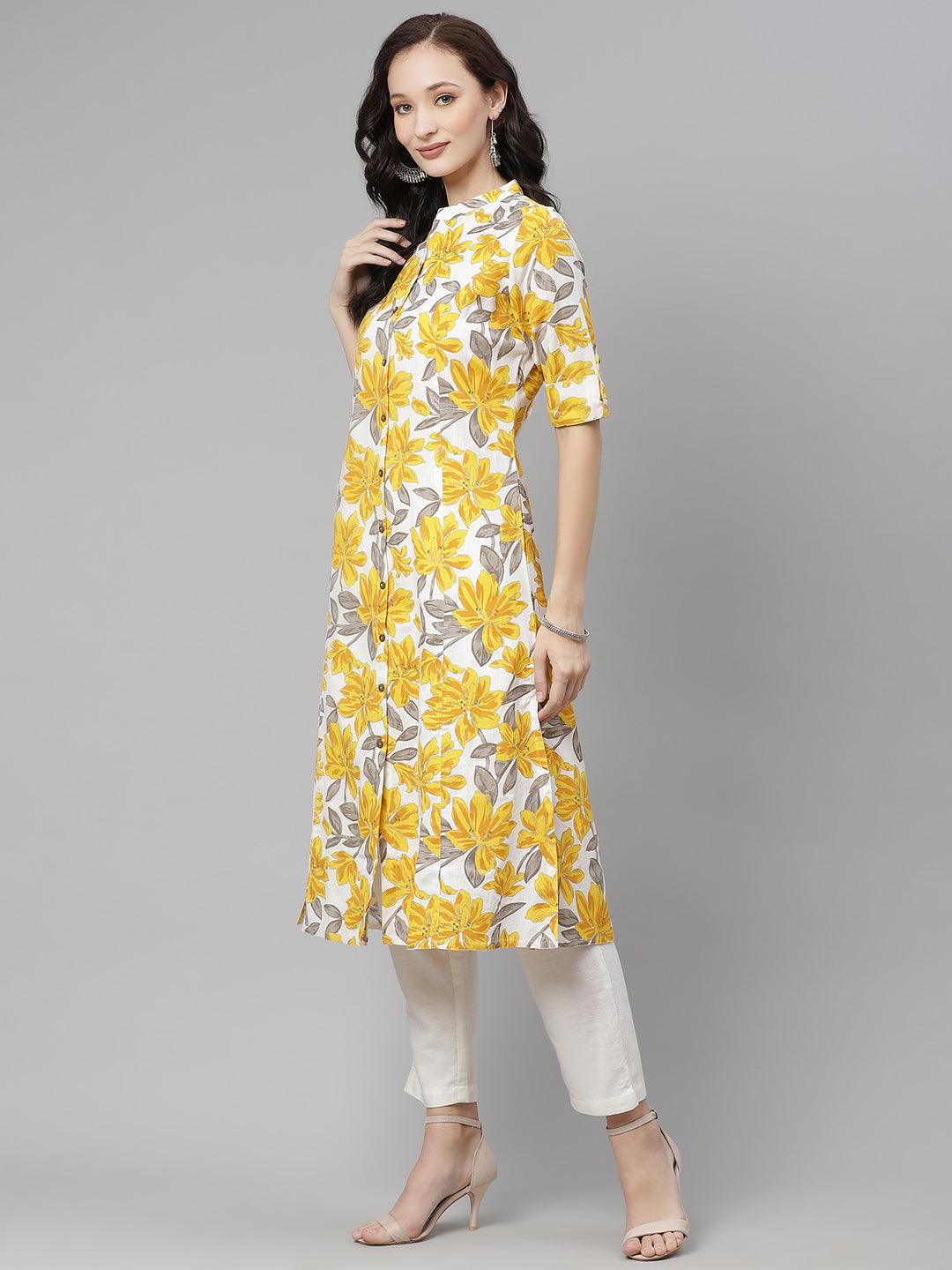 Divena Yellow Floral Print Pure Cotton A-line Kurta - divena world-Mohi