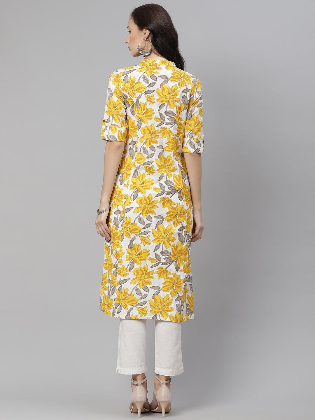 Divena Yellow Floral Print Pure Cotton A-line Kurta - divena world-Mohi