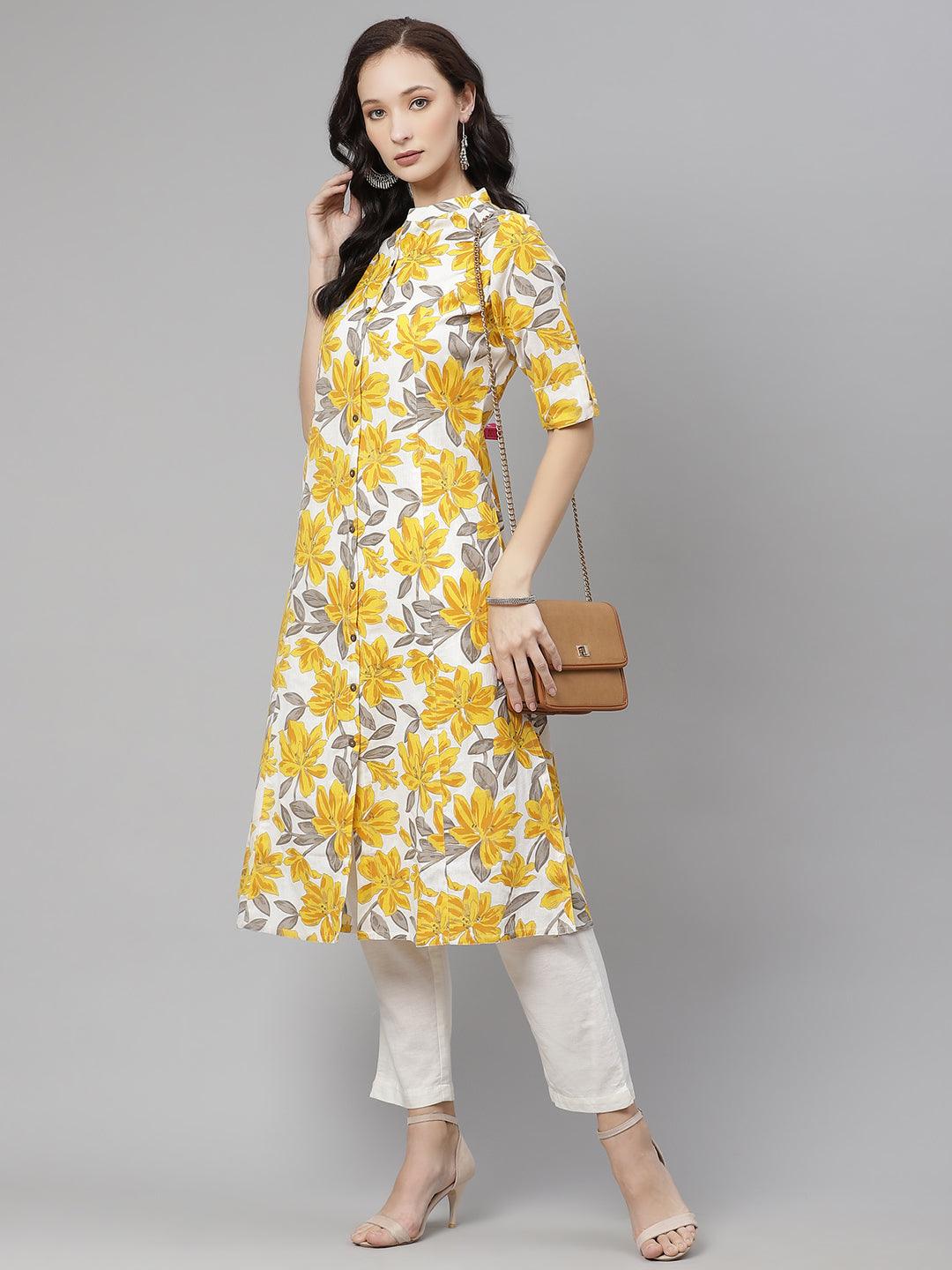 Divena Yellow Floral Print Pure Cotton A-line Kurta - divena world-Mohi