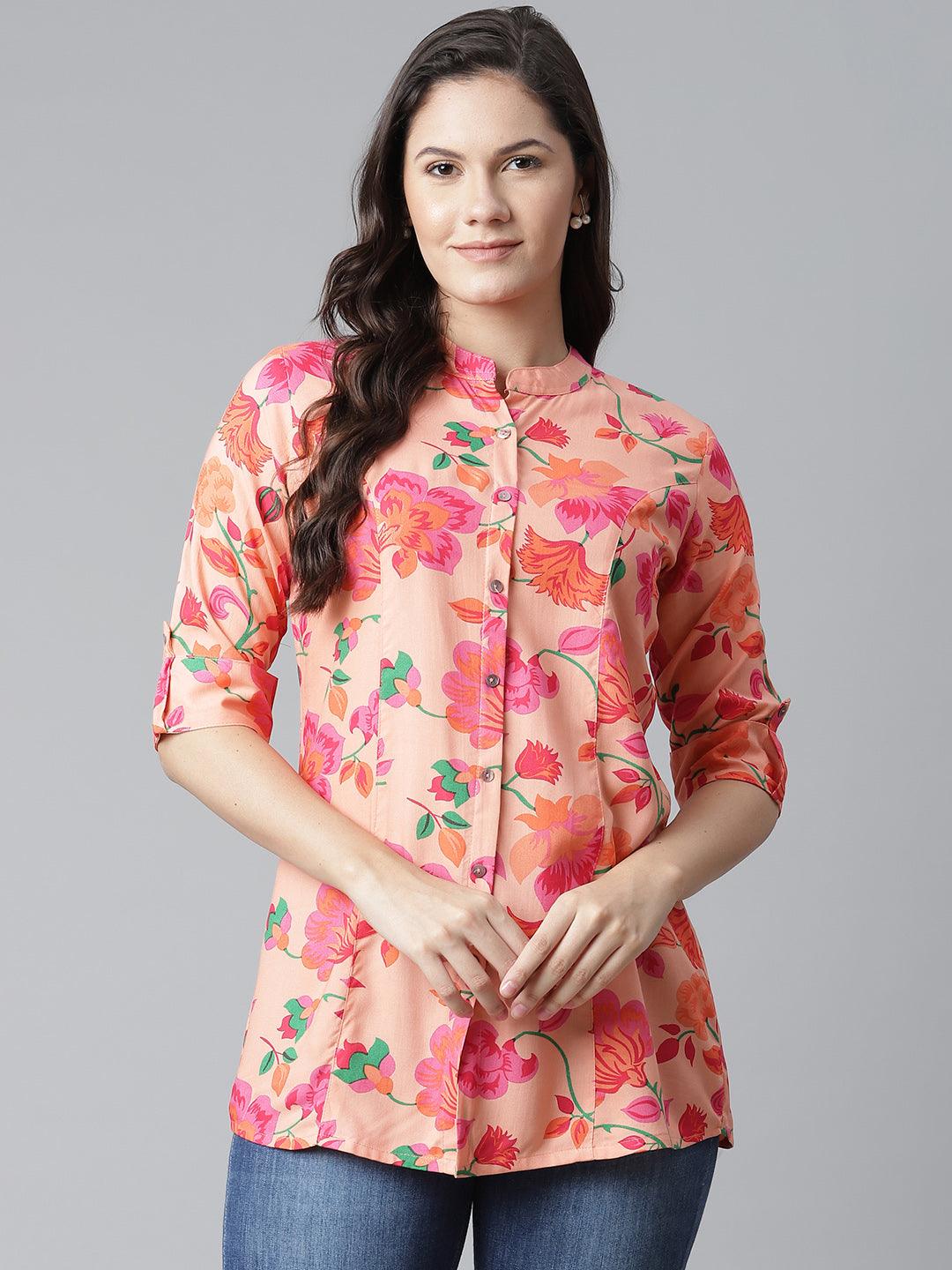 Divena Rayon Peach Floral Print Shirt Style A-Line Top - divena world-Mohi