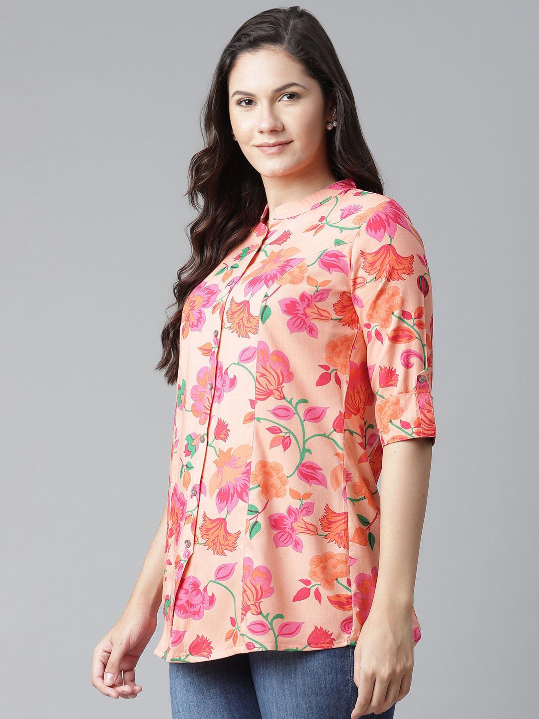 Divena Rayon Peach Floral Print Shirt Style A-Line Top - divena world-Mohi