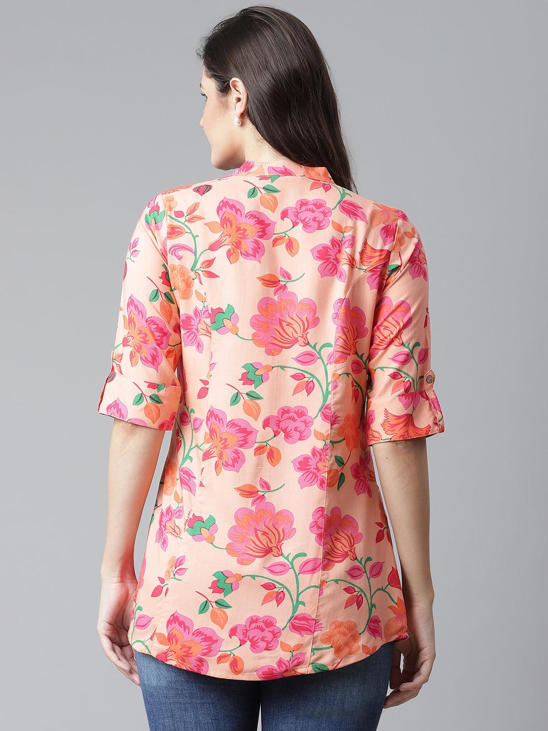 Divena Rayon Peach Floral Print Shirt Style A-Line Top - divena world-Mohi