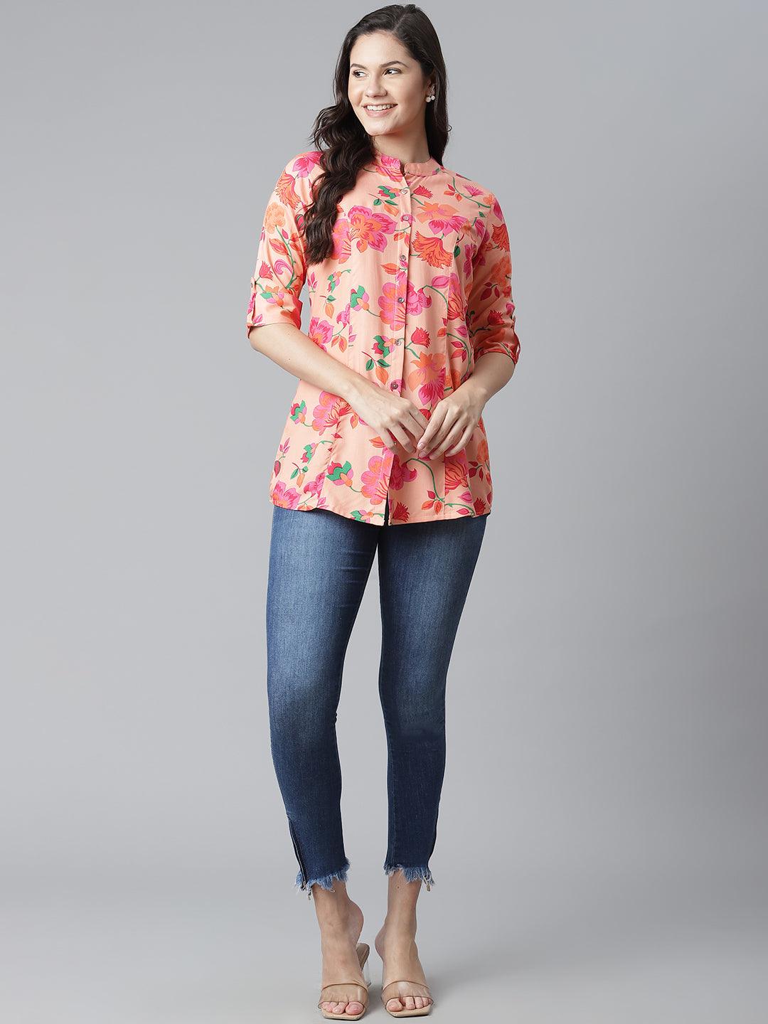 Divena Rayon Peach Floral Print Shirt Style A-Line Top - divena world-Mohi