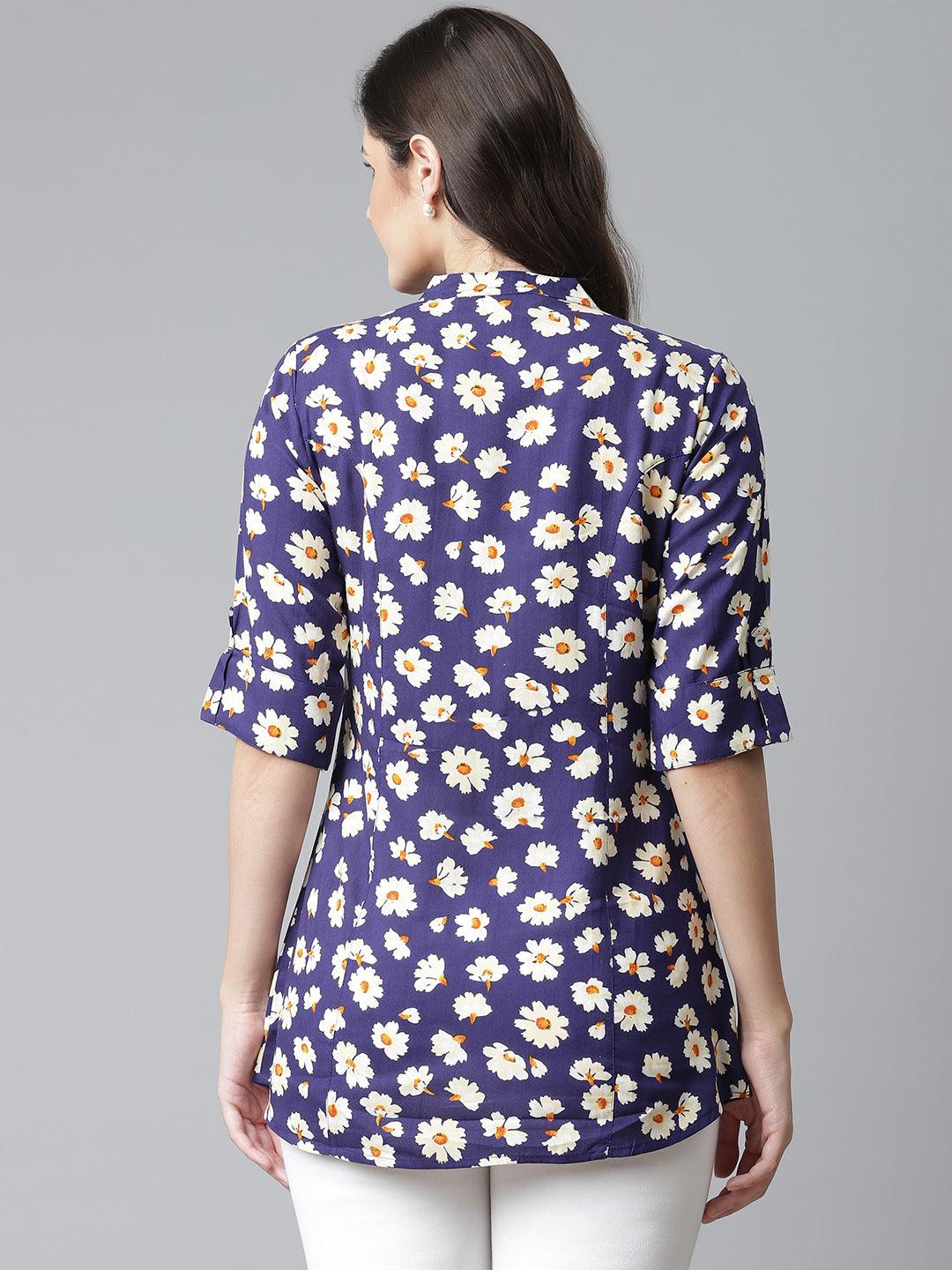 Divena Rayon Dark Blue Floral Top - divena world-Mohi