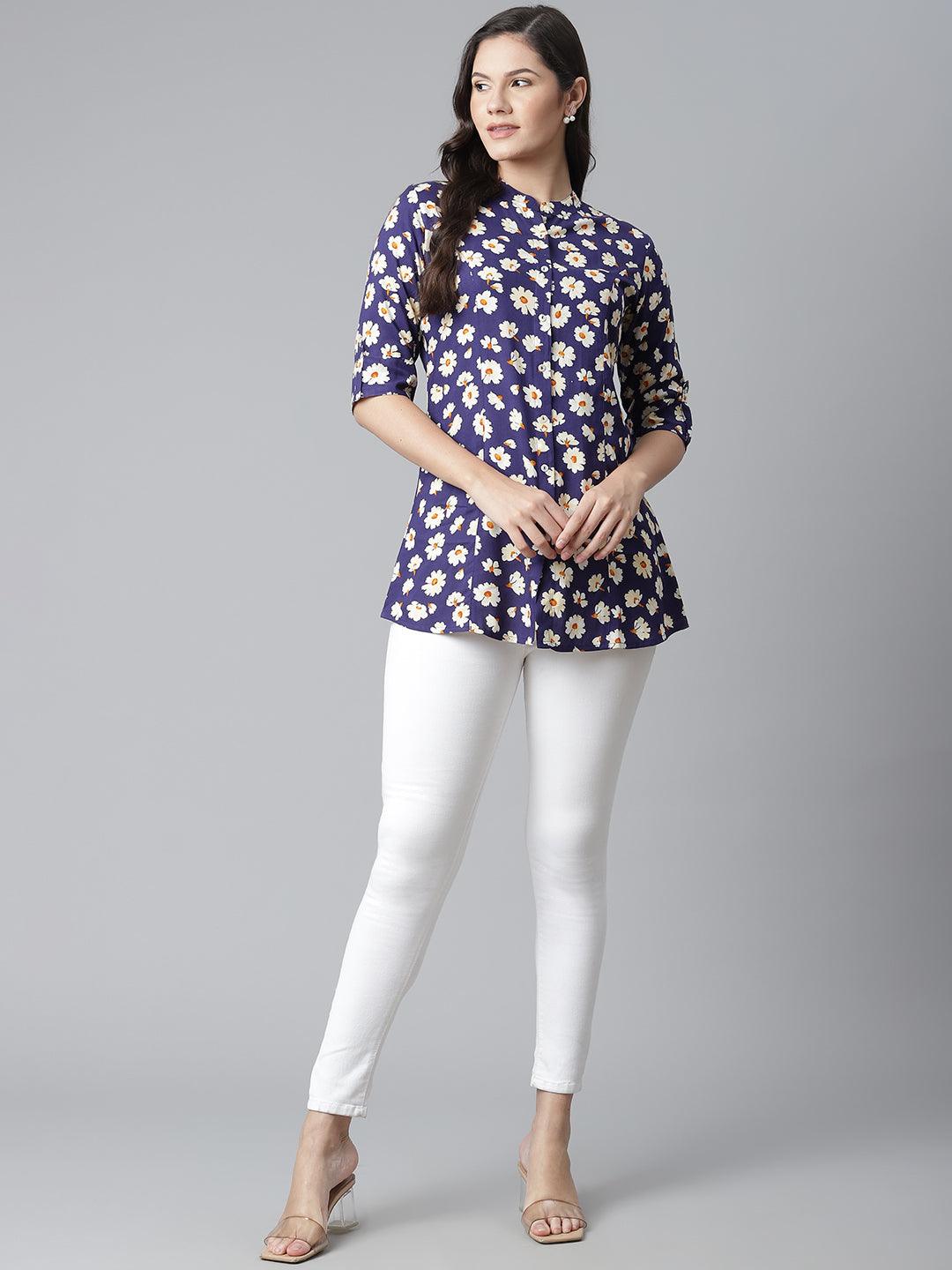 Divena Rayon Dark Blue Floral Top - divena world-Mohi