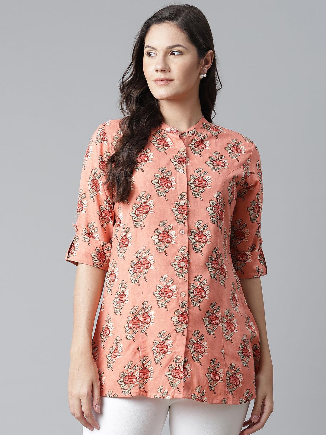 Divena Peach Printed Rayon Top - divena world-Mohi