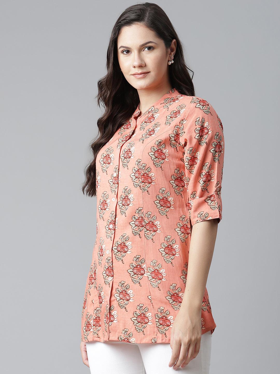 Divena Peach Printed Rayon Top - divena world-Mohi