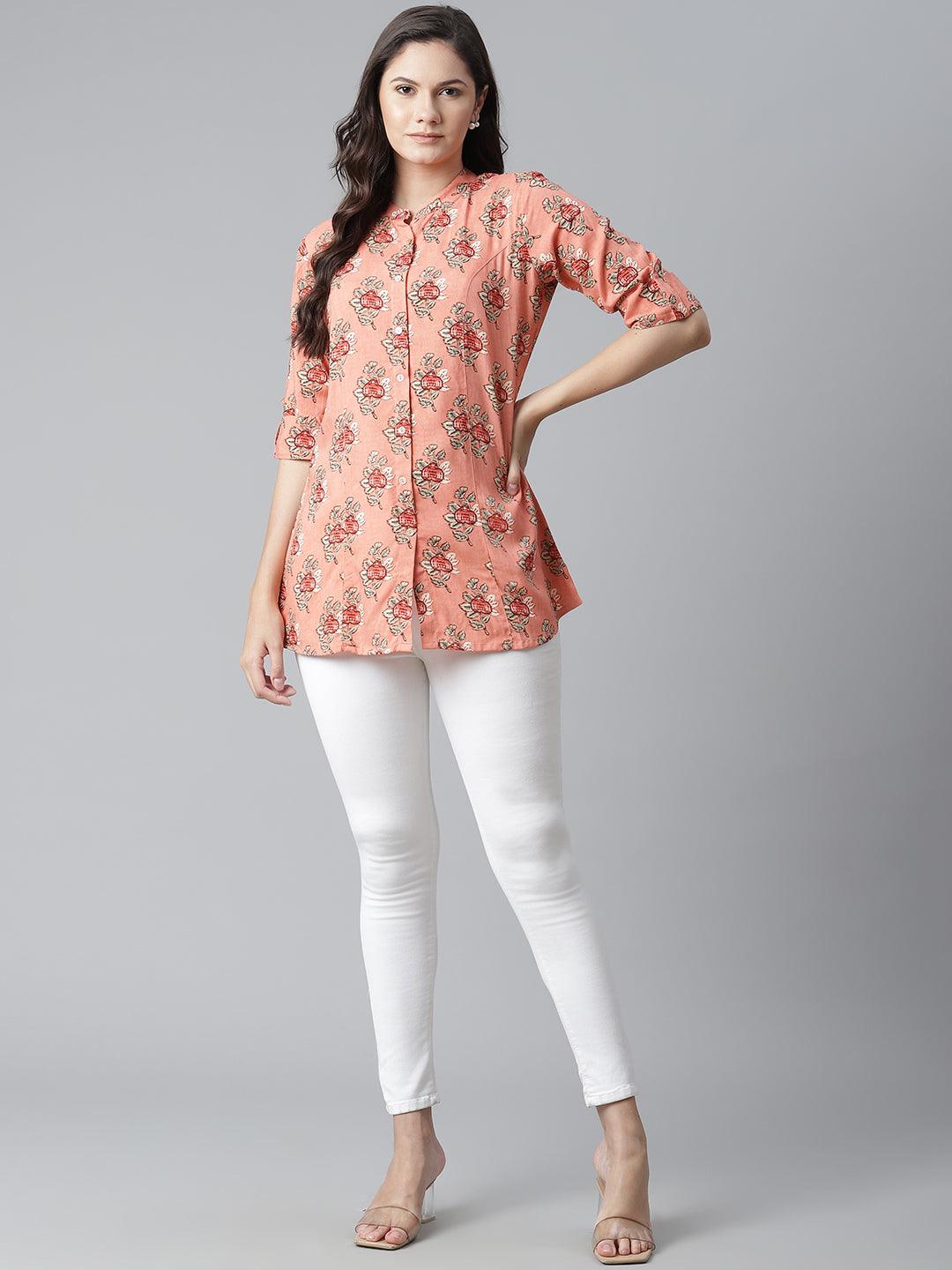 Divena Peach Printed Rayon Top - divena world-Mohi