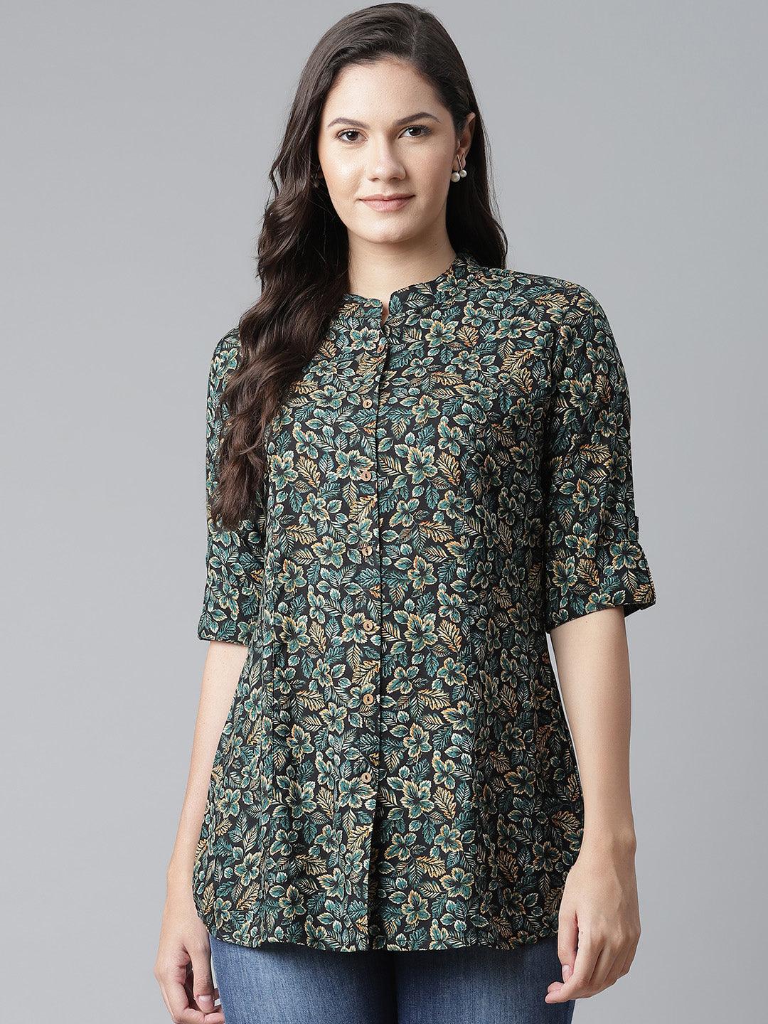 Divena Navy Blue Green Rayon Printed Top - divena world-Mohi