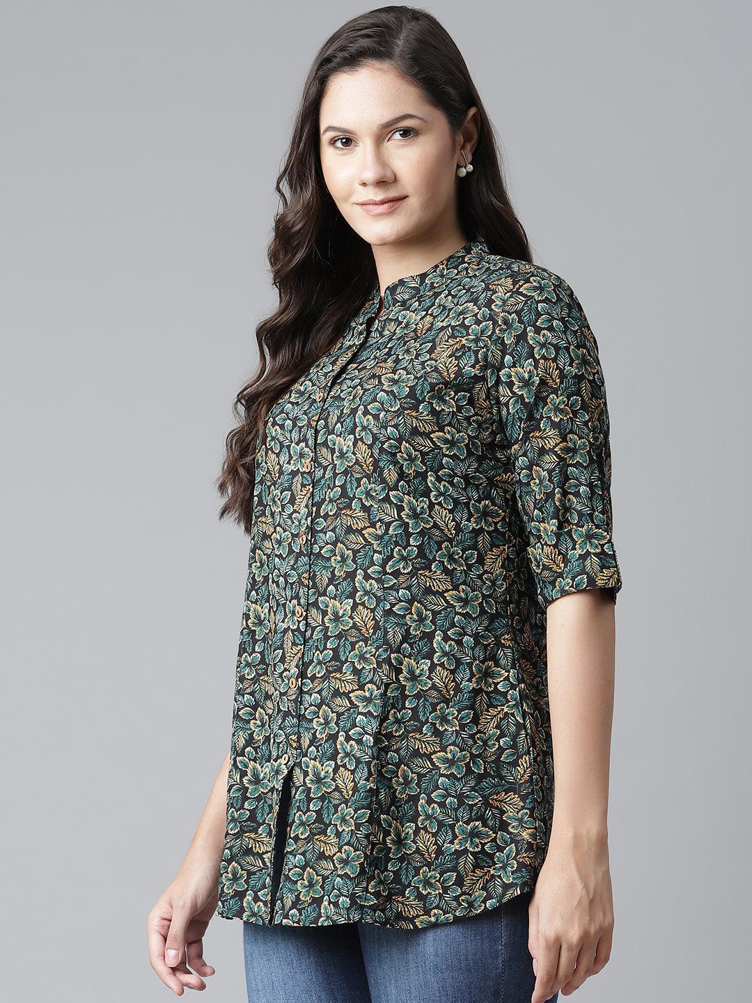 Divena Navy Blue Green Rayon Printed Top - divena world-Mohi