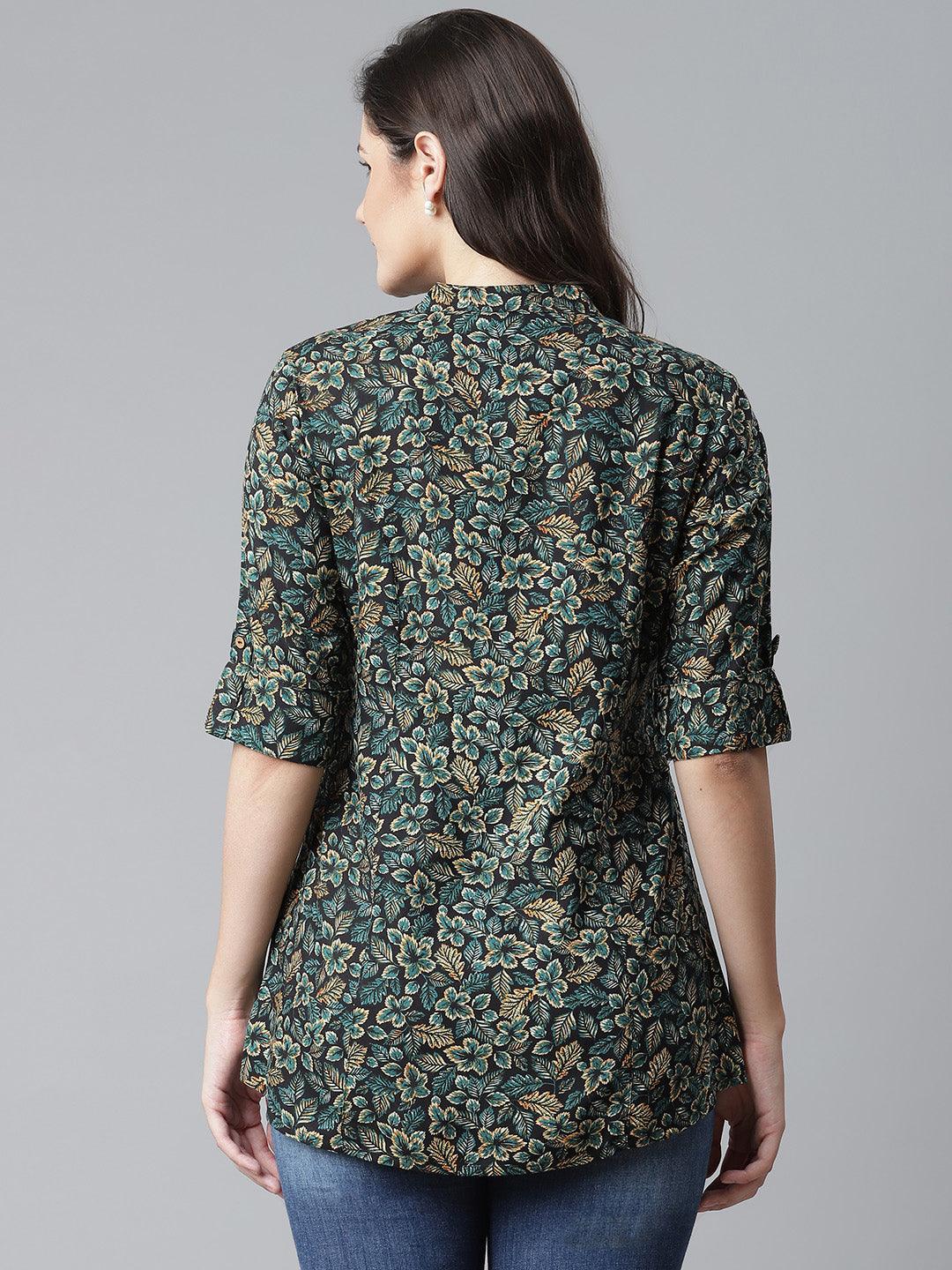 Divena Navy Blue Green Rayon Printed Top - divena world-Mohi