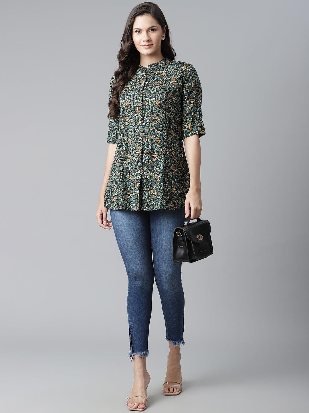 Divena Navy Blue Green Rayon Printed Top - divena world-Mohi