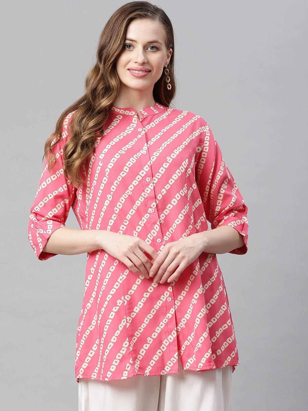 Divena Pink Bandhani Rayon A-line Shirt Style Top - divena world-Mohi