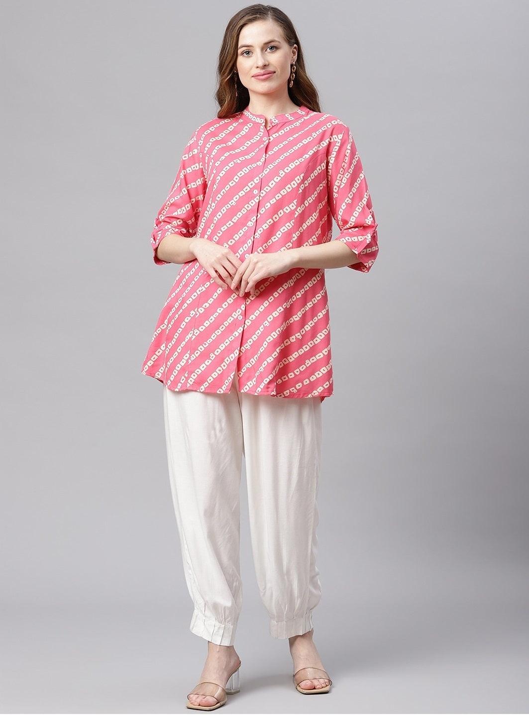 Divena Pink Bandhani Rayon A-line Shirt Style Top - divena world-Mohi