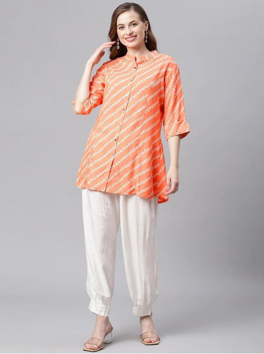 Divena Orange Bandhani Rayon A-line Shirt Style Top - divena world-Mohi