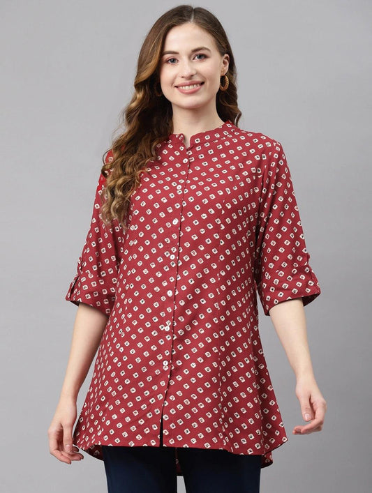 Divena Maroon Bandhani Print Shirt Style A-line Top - divena world-Mohi