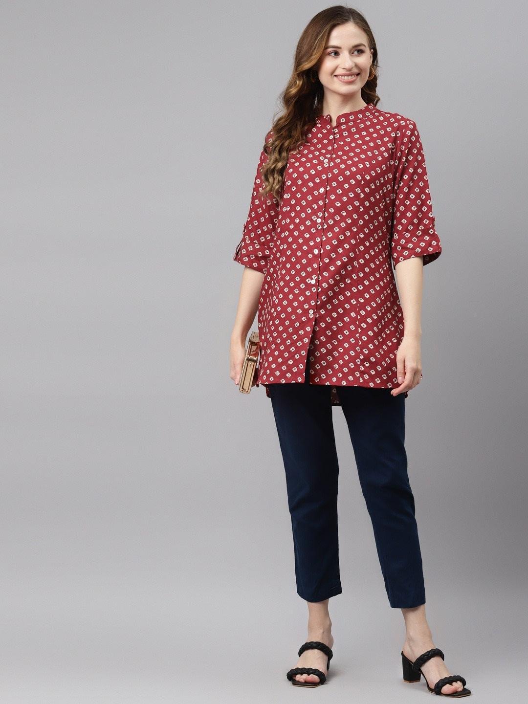 Divena Maroon Bandhani Print Shirt Style A-line Top - divena world-Mohi