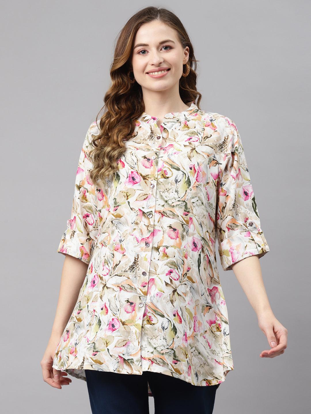 Divena Multi Floral Rayon Shirt Style A-Line Top - divena world-Mohi