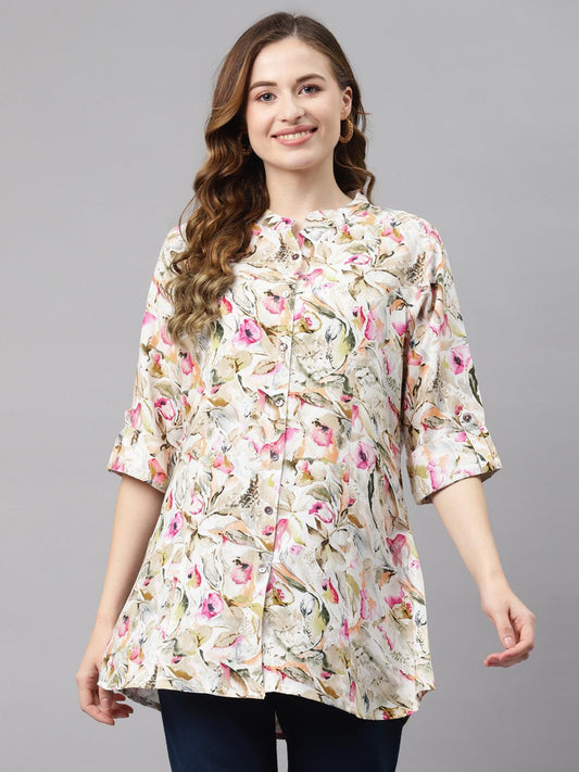 Divena Multi Floral Rayon Shirt Style A-Line Top - divena world-Mohi