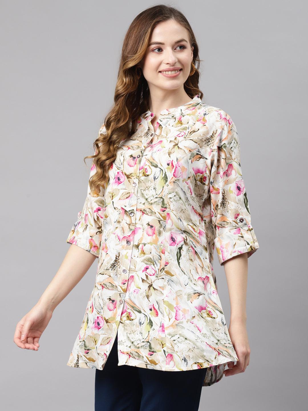 Divena Multi Floral Rayon Shirt Style A-Line Top - divena world-Mohi