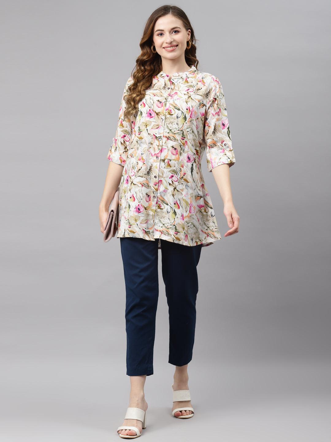 Divena Multi Floral Rayon Shirt Style A-Line Top - divena world-Mohi