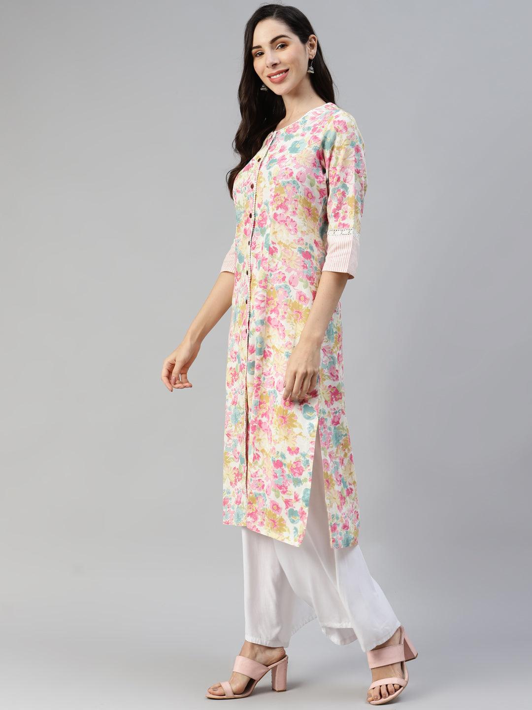 Divena Divena Multi Floral Printed Cotton Flex A-line Kurta - divena world-Mohi