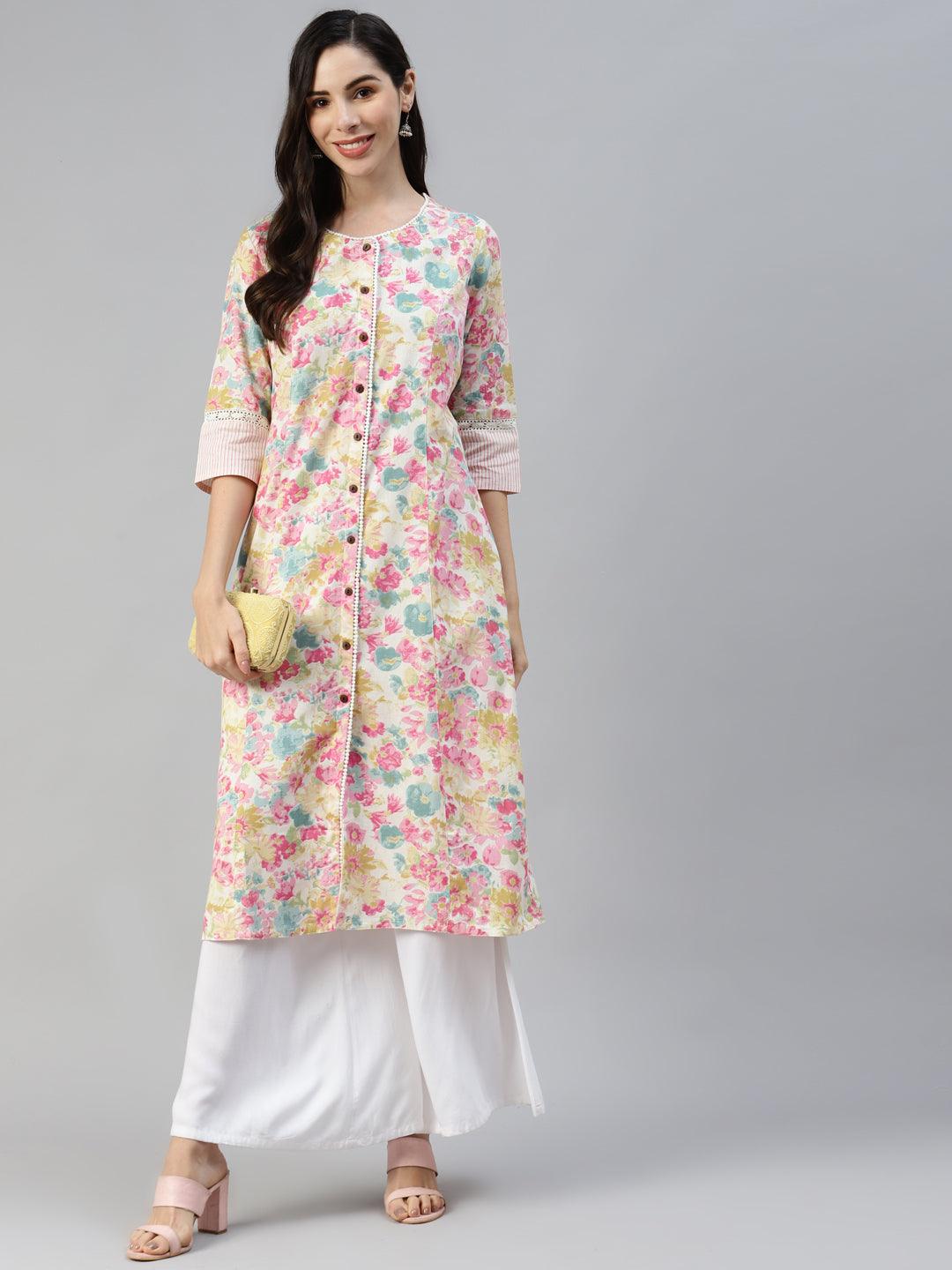 Divena Divena Multi Floral Printed Cotton Flex A-line Kurta - divena world-Mohi